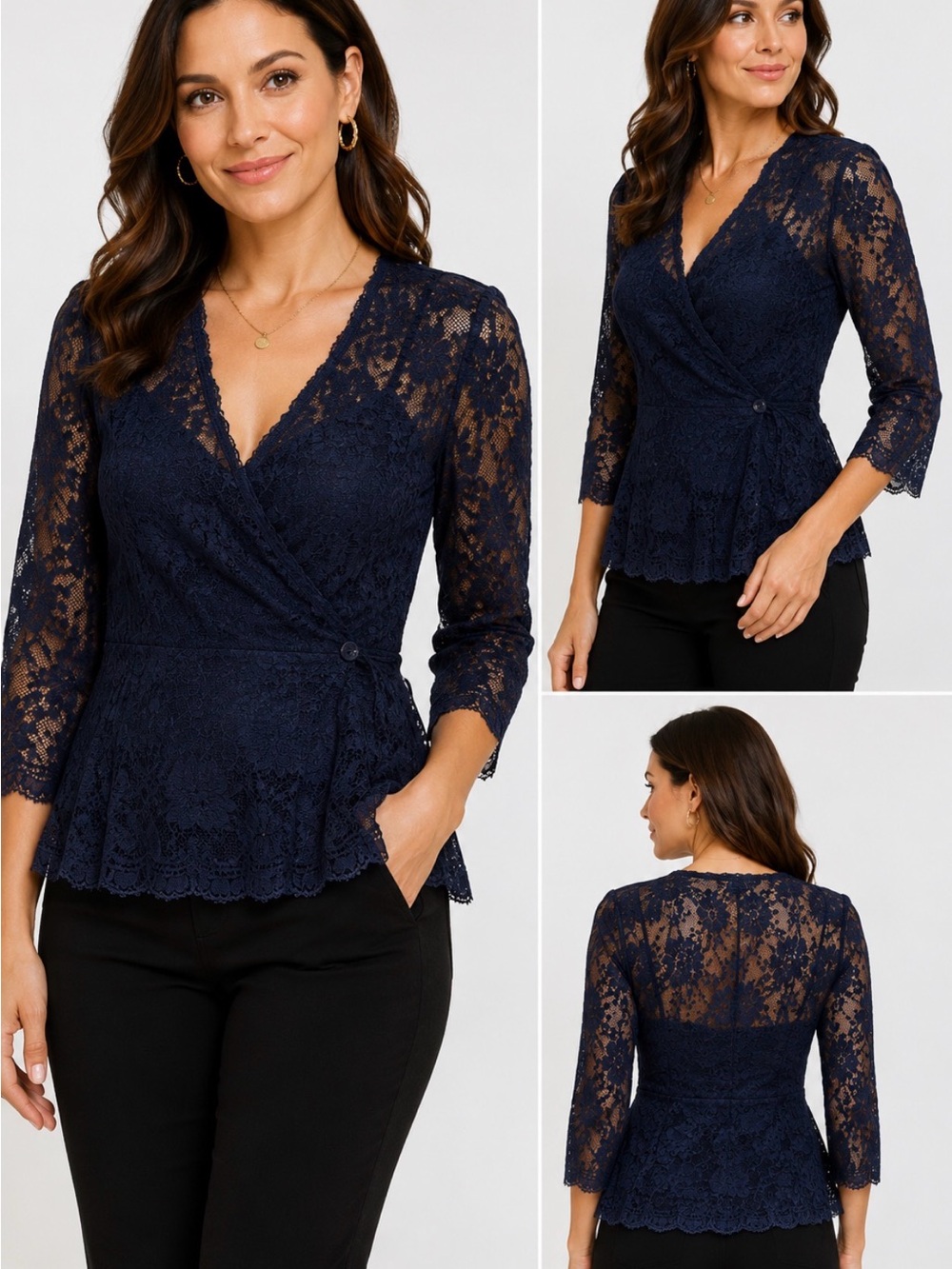 New York & Company Navy Lace Wrap Peplum Top Size L vintage